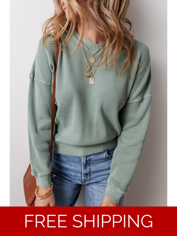 Clearly Aqua Waffle Knit Drop Shoulder V Neck Top